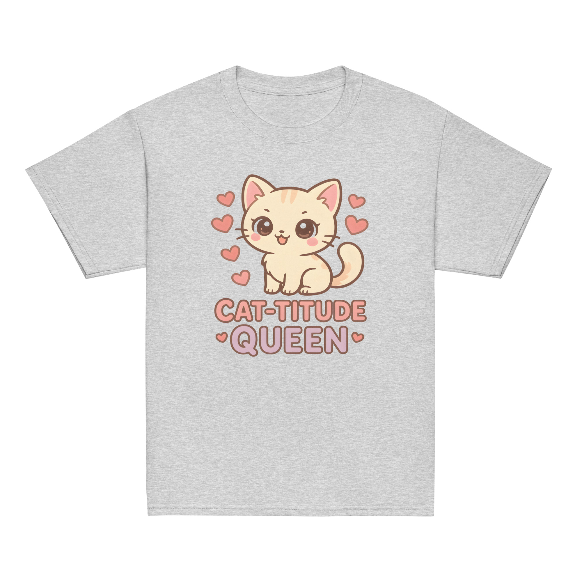 Girls kawaii grey t-shirt with playful kitten and Cat-titude Queen slogan