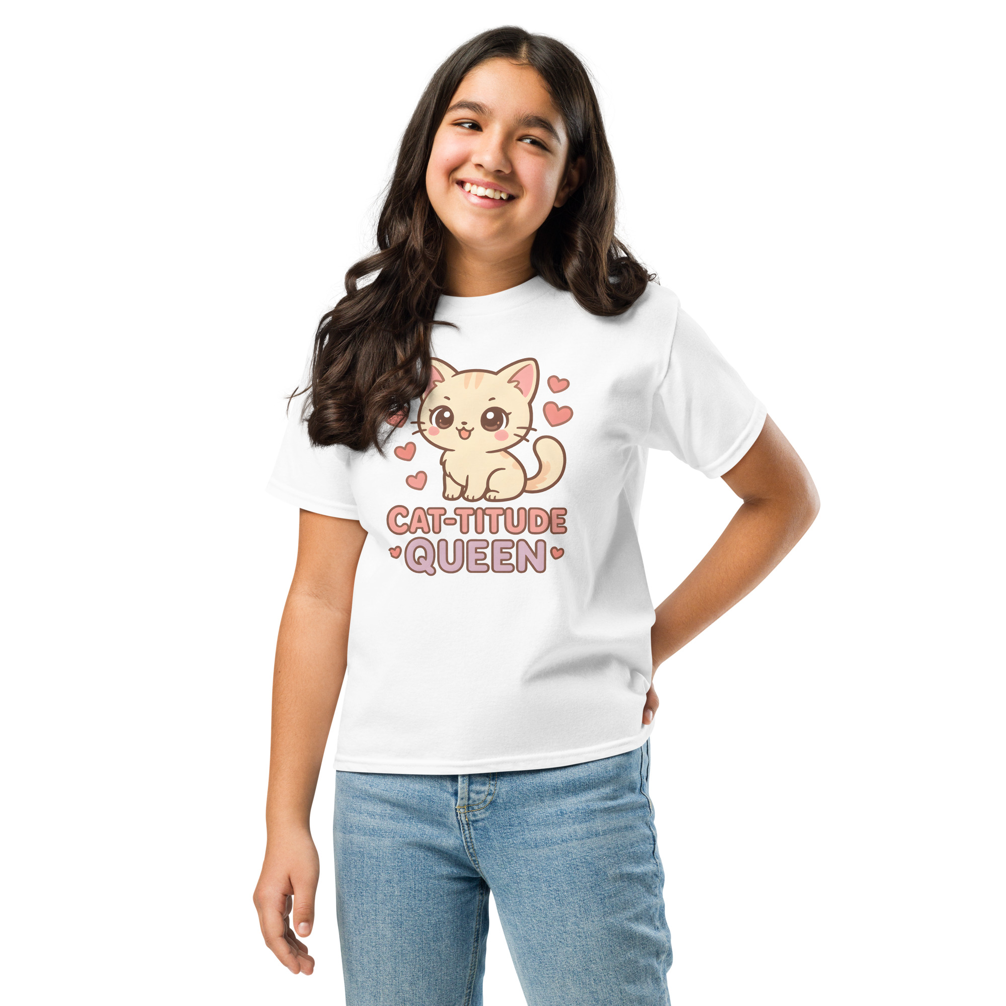 Girls kawaii white t-shirt with playful kitten and Cat-titude Queen slogan