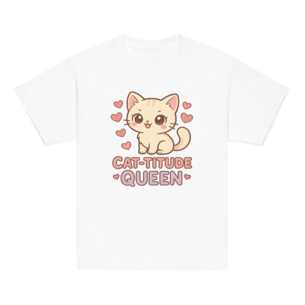 Girls kawaii white t-shirt with playful kitten and Cat-titude Queen slogan