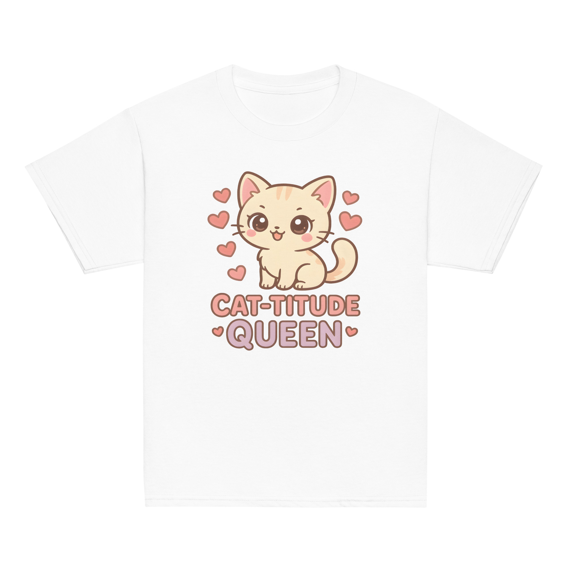 Girls kawaii white t-shirt with playful kitten and Cat-titude Queen slogan