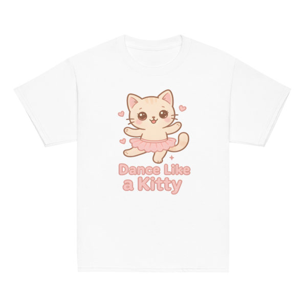 Girls kawaii white t-shirt featuring cute cat wearing pastel tutu and Dance Like a Kitty slogan, soft comfortable cat clothes for playful girls