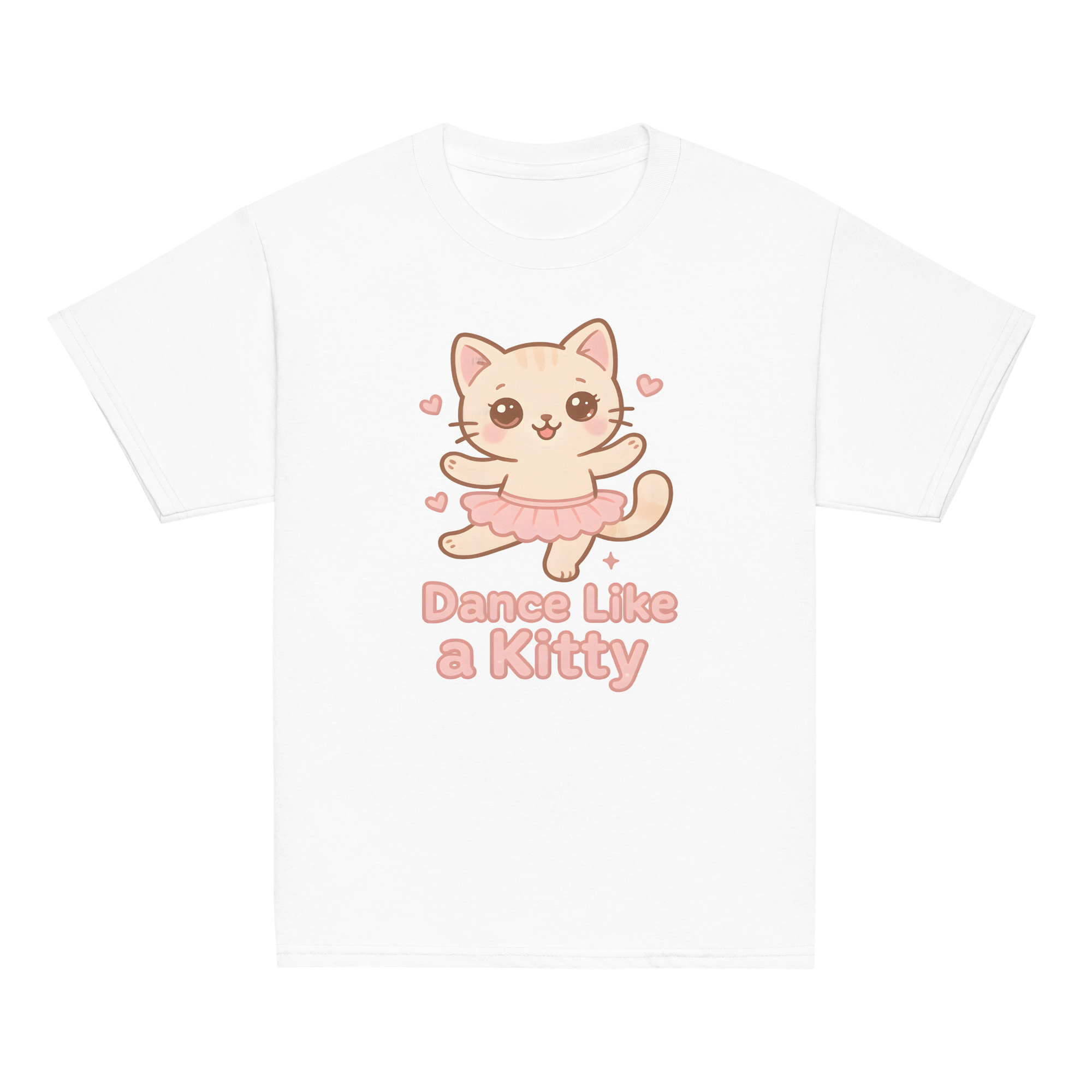 Girls kawaii white t-shirt featuring cute cat wearing pastel tutu and Dance Like a Kitty slogan, soft comfortable cat clothes for playful girls