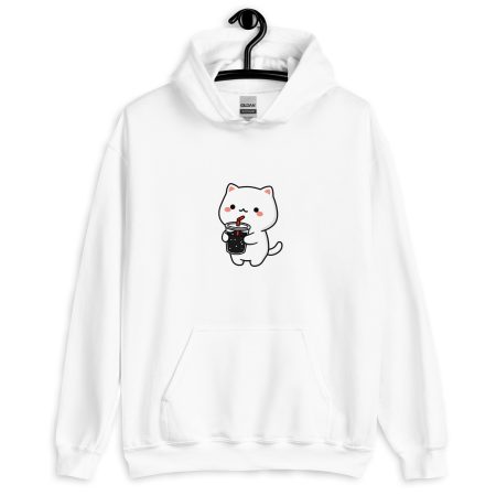 Kawaii cat white hoodie for women with cute soda design, soft and cozy sweatshirt